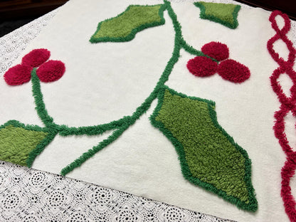 Holiday Vintage Chenille Fabric, Winter Holly Berry 22x20" Craft Piece