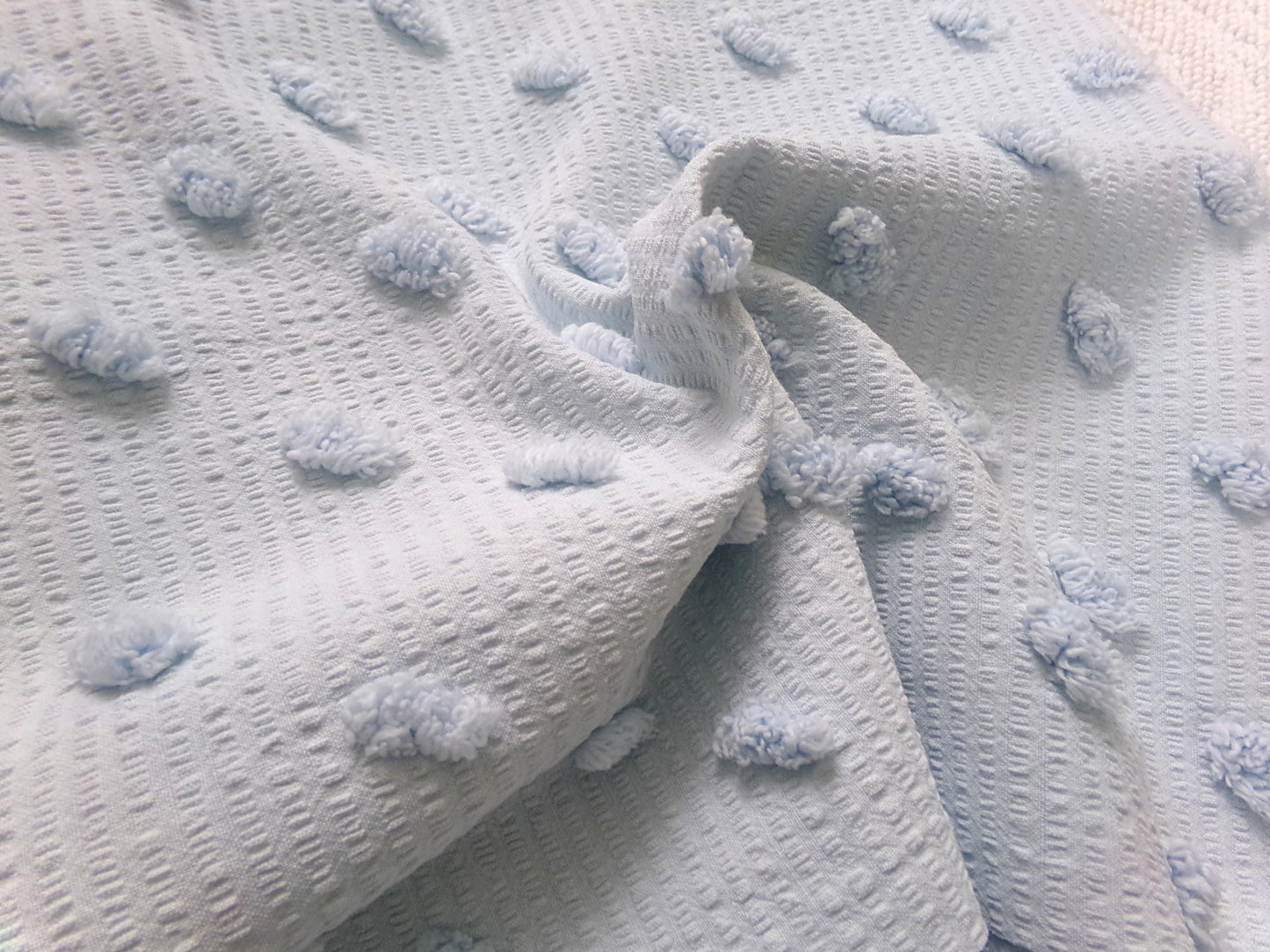 powder blue vintage chenille fabric, tufted dots on cotton seersucker, 22" x 23" piece