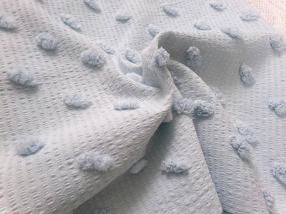 powder blue vintage chenille fabric, tufted dots on cotton seersucker, 22" x 23" piece