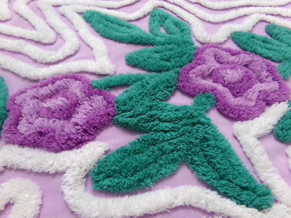 Violet Roses Vintage Chenille Bedspread Fabric 18x23" Sweeping White Waves