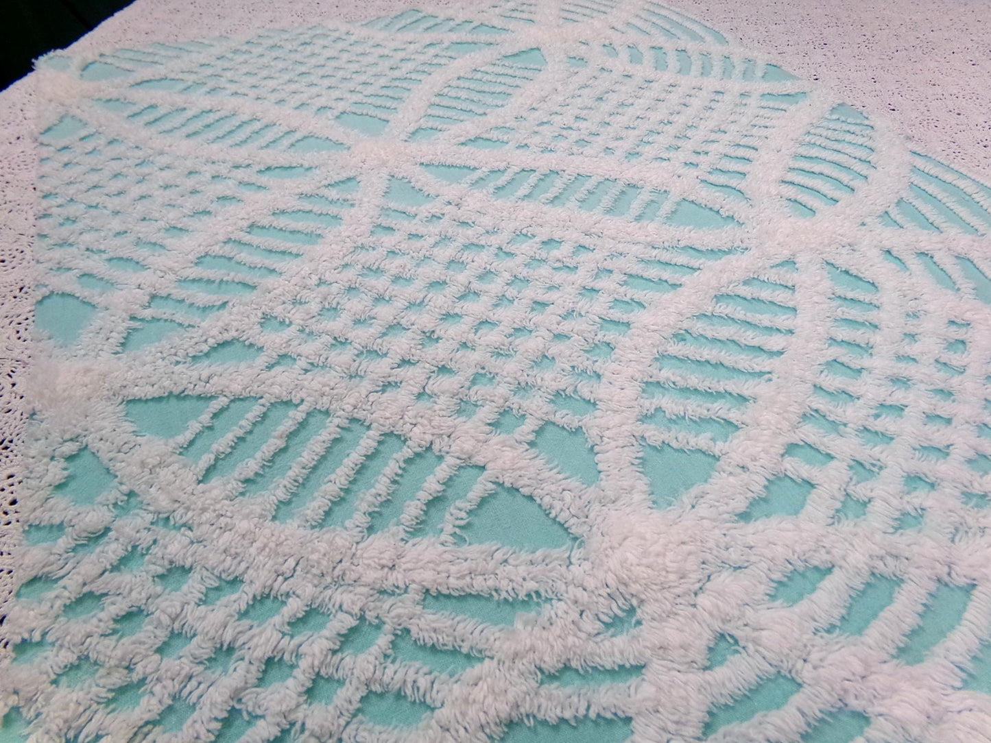 Aqua White Vintage Chenille Fabric 20x24" Geometric Quilt Material