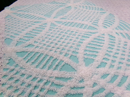 Aqua White Vintage Chenille Fabric 20x24" Geometric Quilt Material