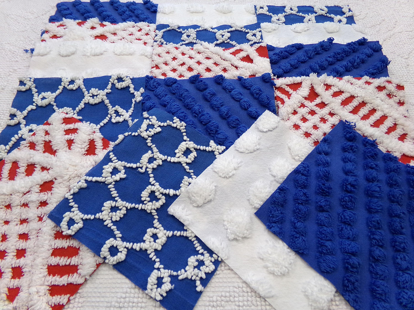 America Vintage Chenille Fabric Squares, 16 Red, White & Blue 6" Quilt Blocks