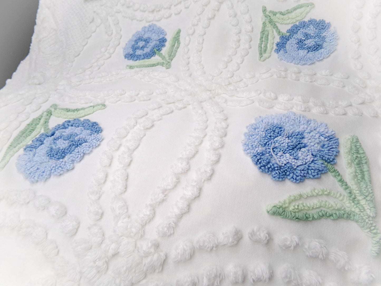 Plush Blue Mum Vintage Chenille Fabric, Tufted Floral on White Cotton 23" x 23" Piece of Sewing Material
