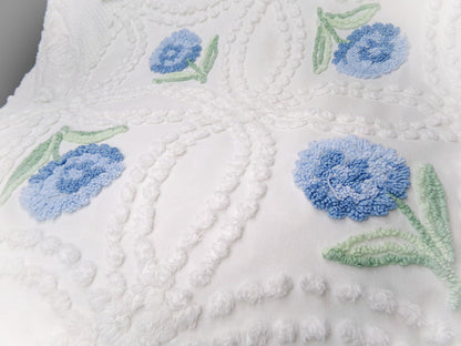 Plush Blue Mum Vintage Chenille Fabric, Tufted Floral on White Cotton 23" x 23" Piece of Sewing Material
