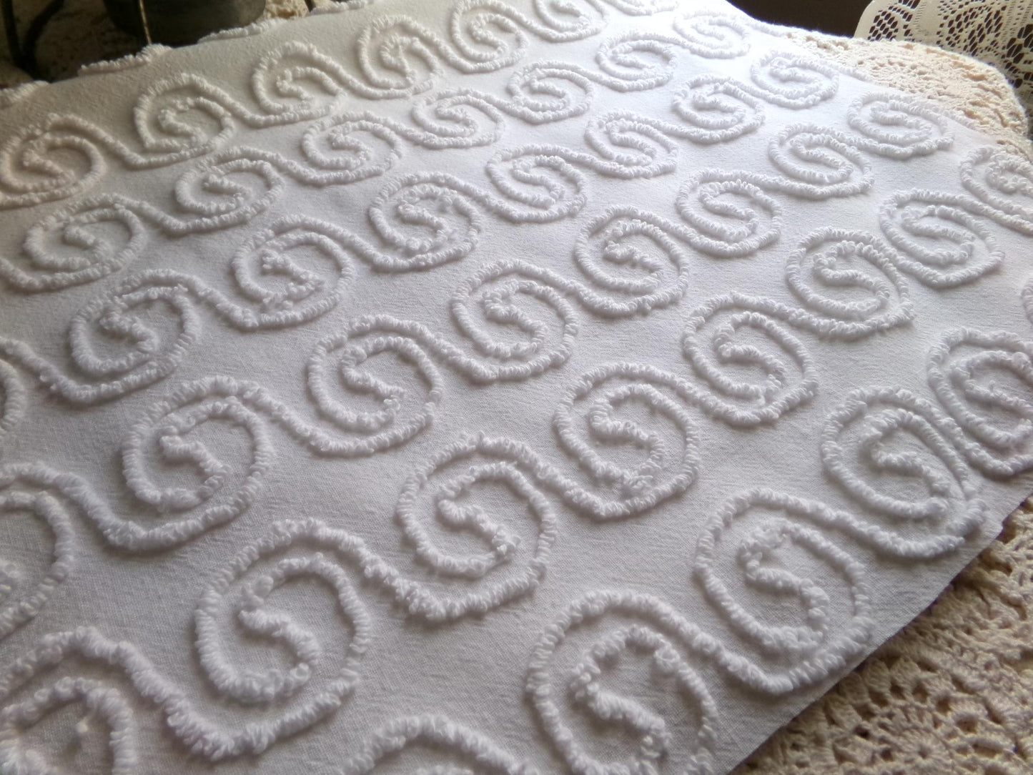 spiral curl squiggles vintage chenille fabric, ultra lightweight white cotton sewing material with great texture, 20" x 24" inch piece