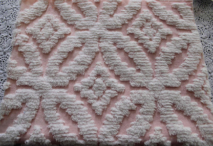 sculpted petals vintage chenille fabric, white tufting on cool pink, 20" x 25" inch piece, 100% cotton