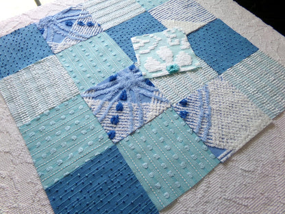 coastal fresh vintage chenille fabric squares, set of 17 blue & aqua 6" quilt blocks for sewing