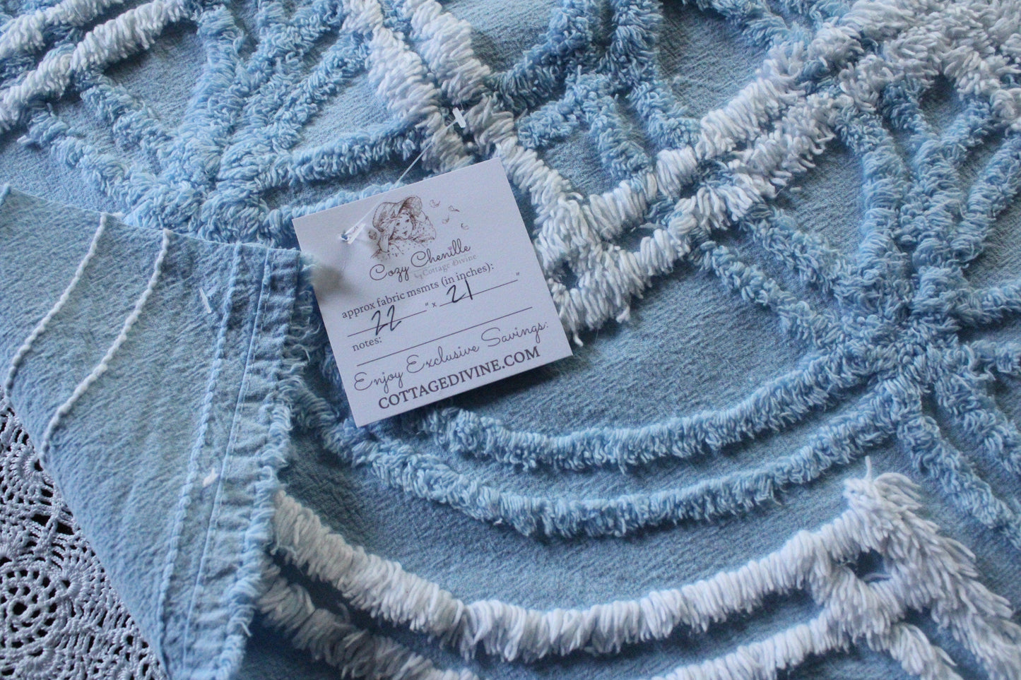 Breezy Coastal Vintage Style Chenille Fabric, 21" x 22" Inch Piece, Plush Sky Blue & White Geometric