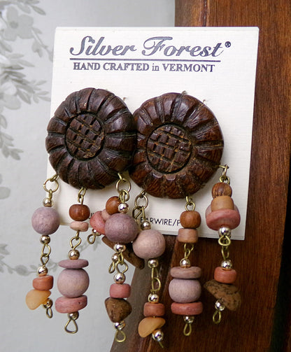 Boho Vintage Silver Forest Wood Dangle Earrings, Pierced Post Back