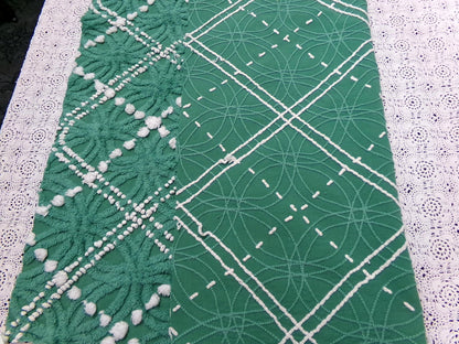 Green White Vintage Chenille Bedspread Fabric 20x24" Spider Tuft Pops Quilting Material