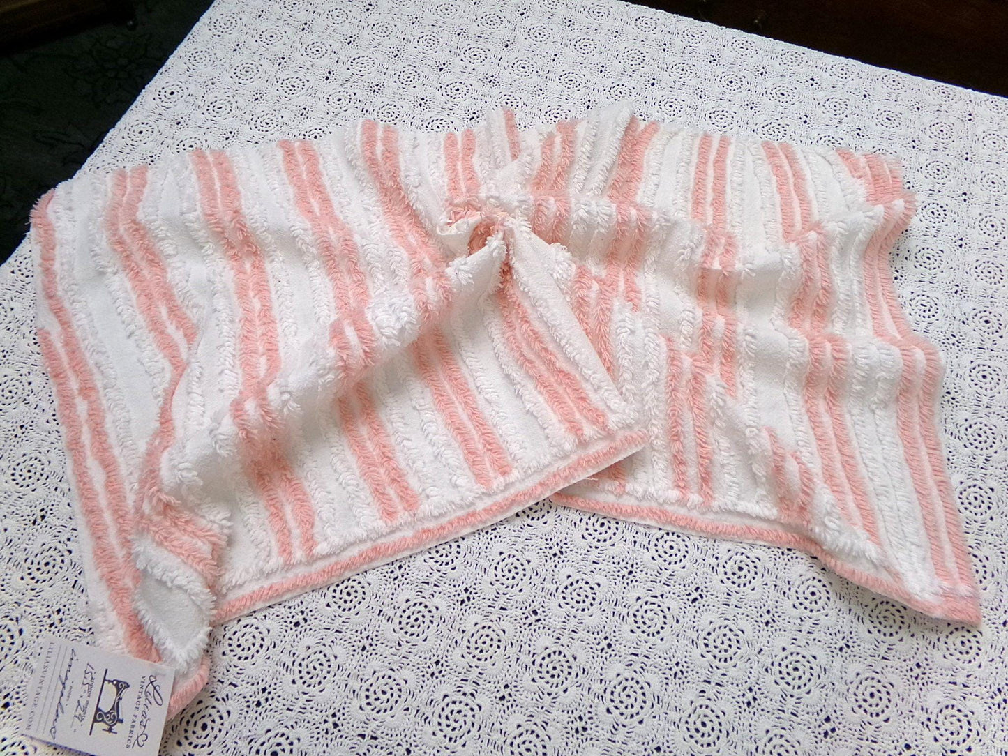 vintage chenille bedspread fabric summer peach & white stripes 15.5x29"