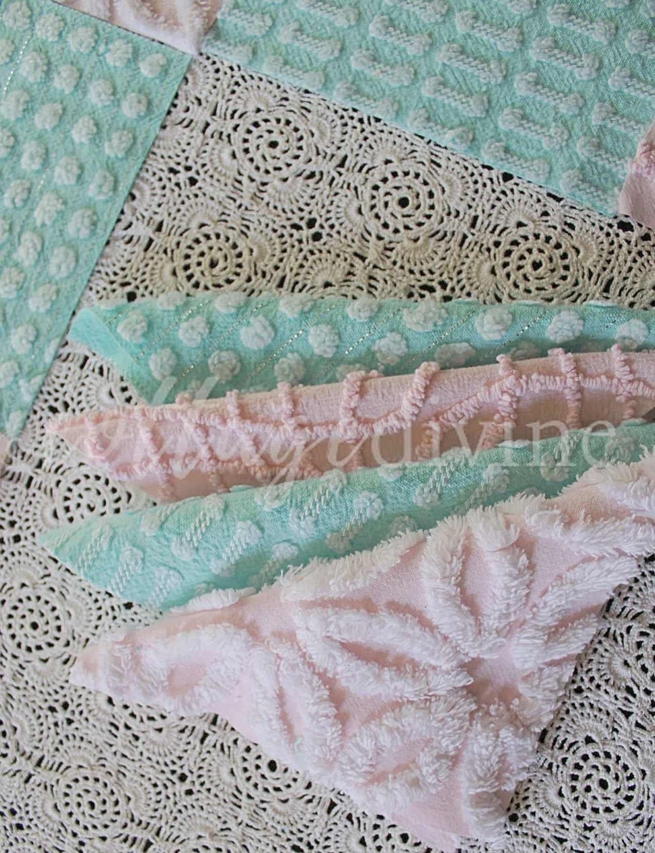 pink & aqua chenille fabric squares, set of quilt blocks cut from vintage chenille bedspreads, set of 16, 6" x 6" each for sewing, crafts