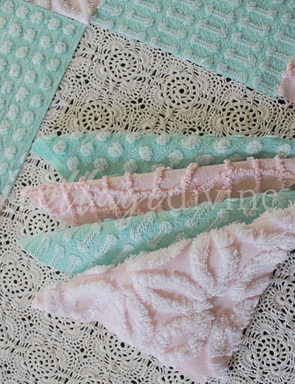 pink & aqua chenille fabric squares, set of quilt blocks cut from vintage chenille bedspreads, set of 16, 6" x 6" each for sewing, crafts
