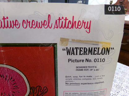 WATERMELON Crewel Embroidery Kit, Vintage Paragon Needlecraft 0110, Kitschy Wall Art