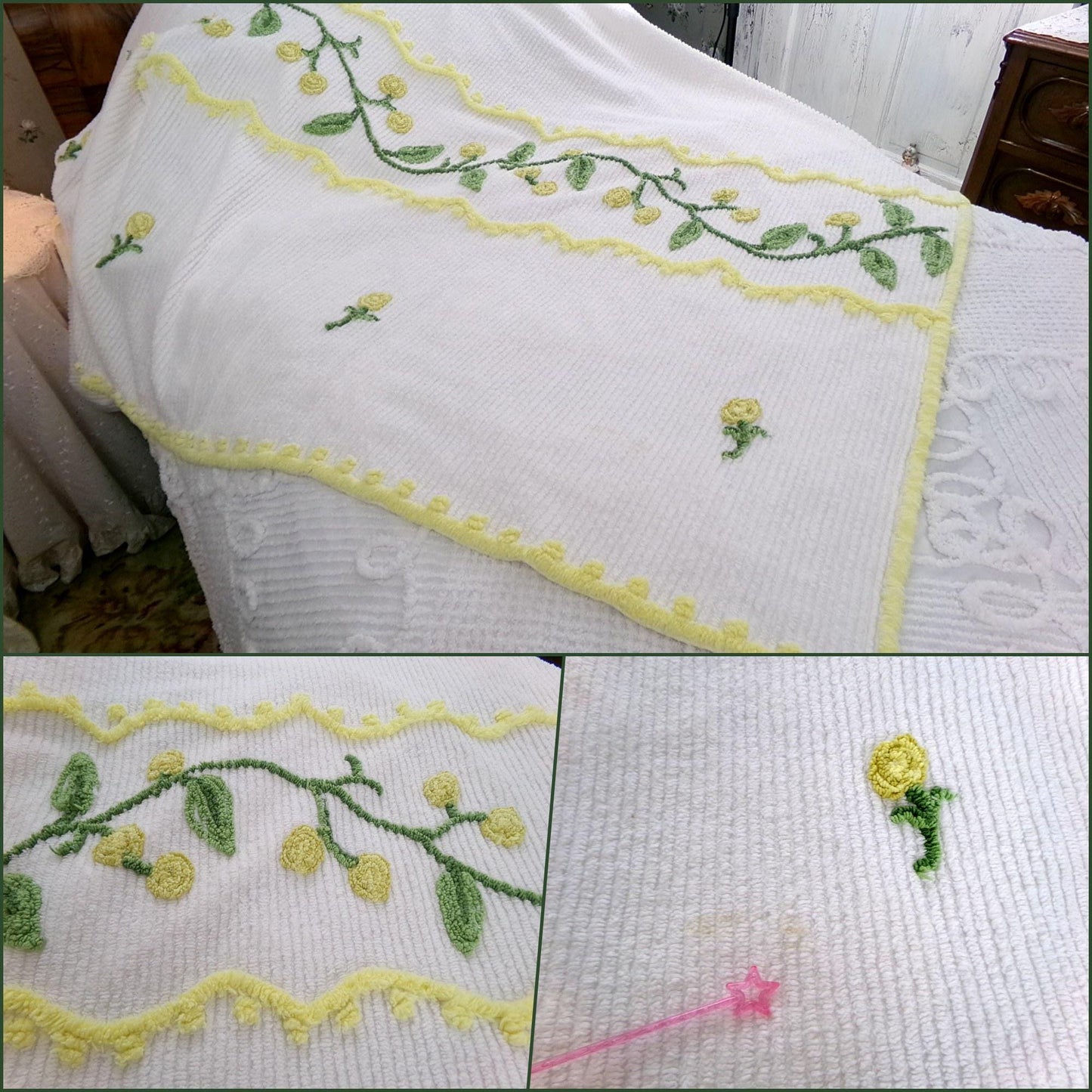 spring forsythia yellow farmhouse chenille bedspread, vintage full size bedding, lovely berry spring & trailing ivy design on white cotton