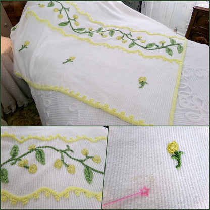spring forsythia yellow farmhouse chenille bedspread, vintage full size bedding, lovely berry spring & trailing ivy design on white cotton
