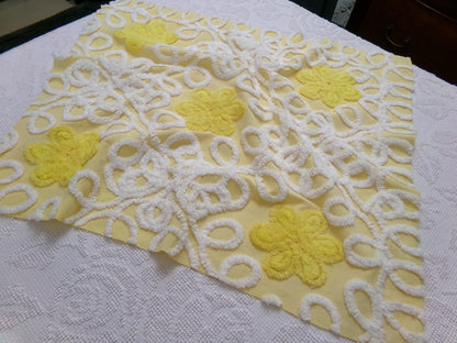 Sunny Yellow Daisy Vintage Chenille Fabric, White Swirl Sewing Quilt Material, 20" x 24"