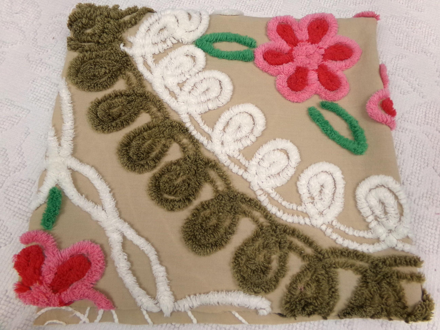 Vintage Chenille Bedspread Fabric Piece, Mocha Chocolate Cherry Floral, 24" x 23"
