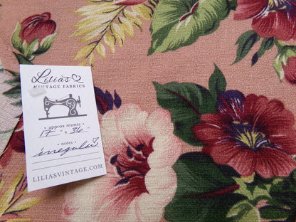Vintage Barkcloth Fabric Mauve Tropical Hibiscus Floral Island Cottage Shabby 17x36"