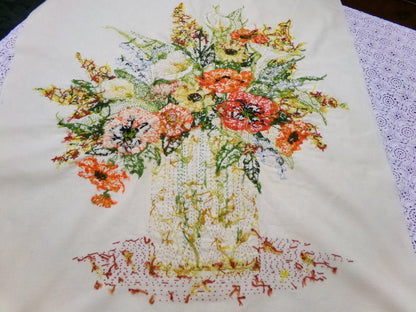 Boho Autumn Bouquet Finished Crewel Embroidery, Vintage Paragon Needlecraft 0408, Floral Wall Art