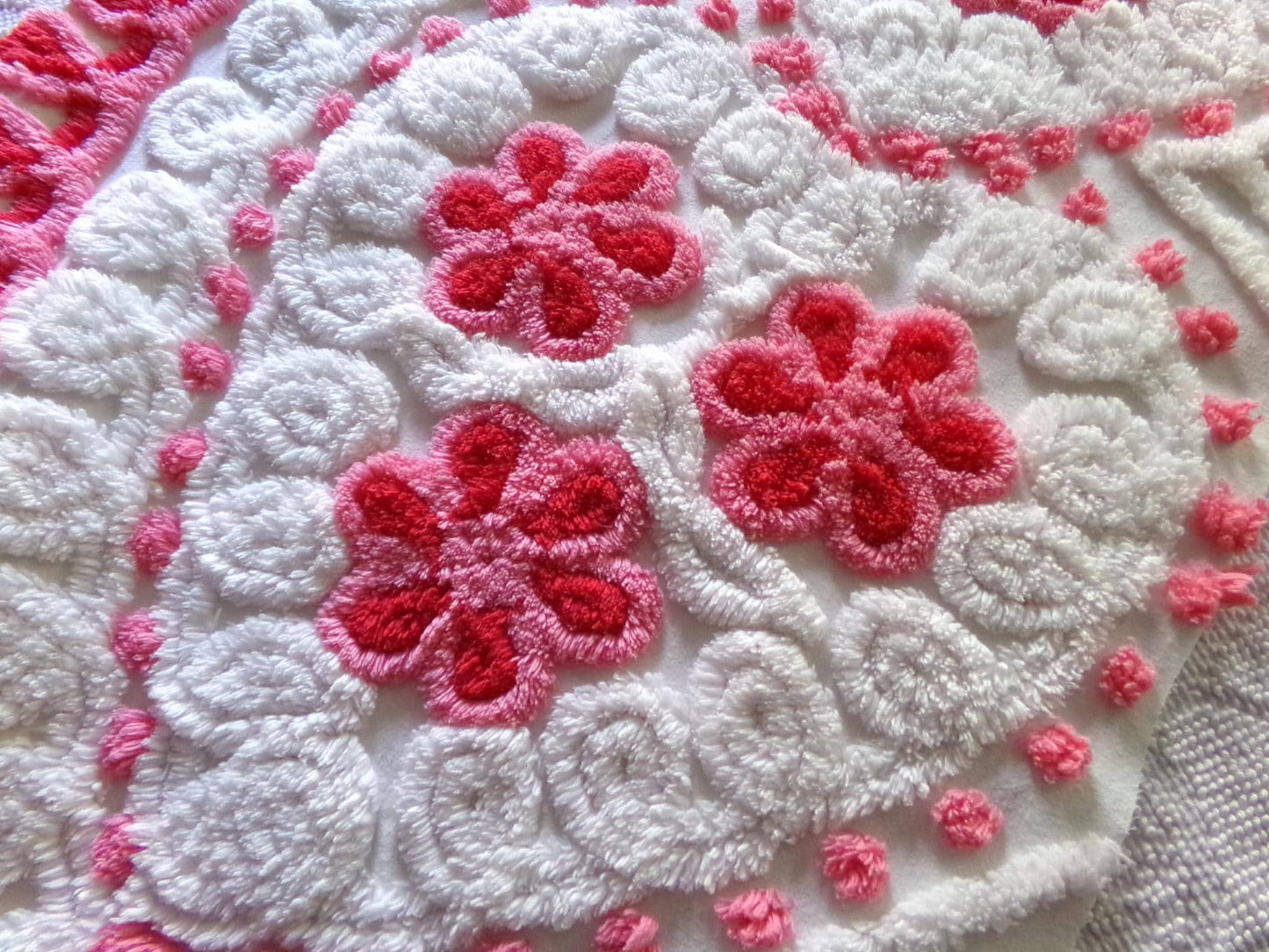 romantic hearts vintage chenille fabric, sweetest plush rose pink flowers, 21" x 26" inch rounded piece cotton sewing material for crafting