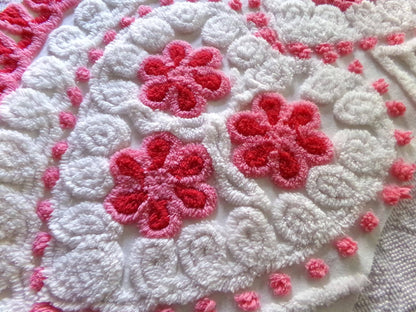 romantic hearts vintage chenille fabric, sweetest plush rose pink flowers, 21" x 26" inch rounded piece cotton sewing material for crafting