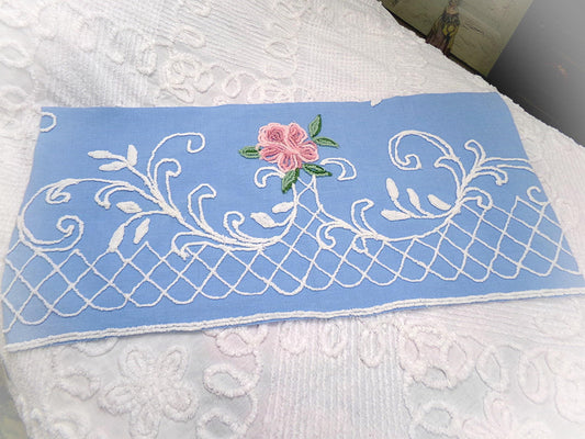 shabby cottage rose vintage chenille fabric, blue white floral sewing material, 15" x 30" piece