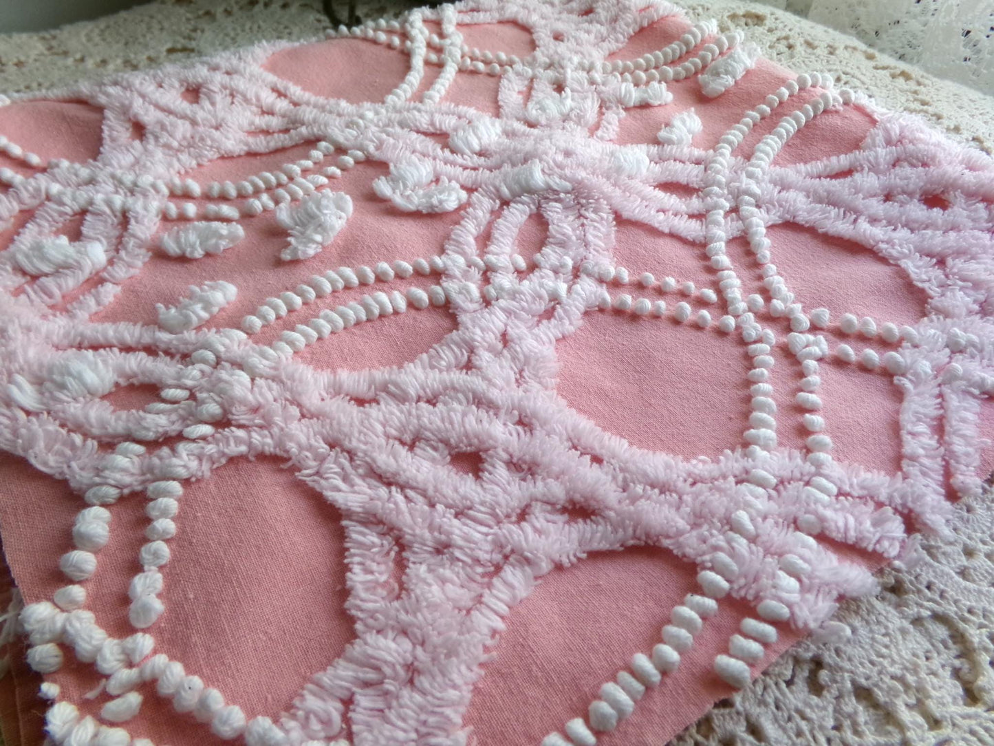 rosy pink vintage chenille fabric, infinity tuft & pearl pops design, 21" x 22" piece of sewing quilt material