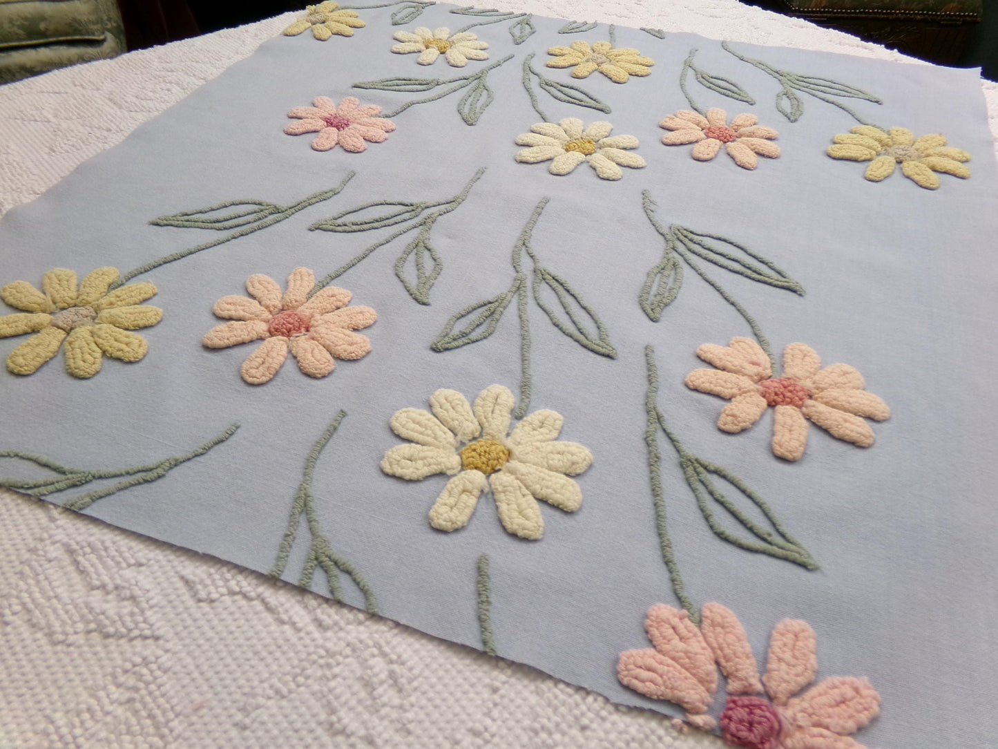 Cascading Daisy Vintage Chenille Fabric, Blue Floral Sewing & Quilt Material 23" x 24" Piece