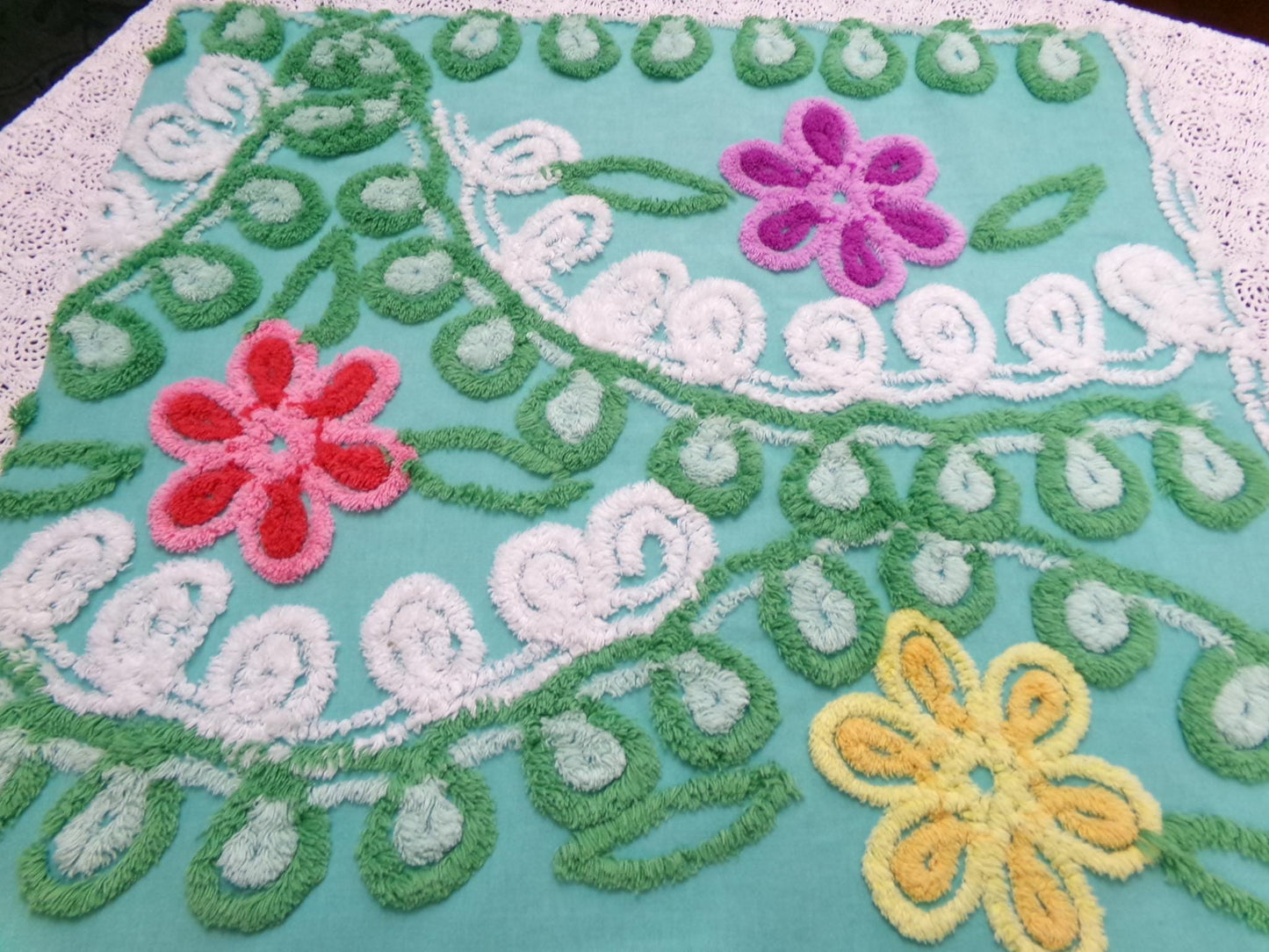 Vintage Green Chenille Fabric, Floral Swirl Design, 20x25" Piece