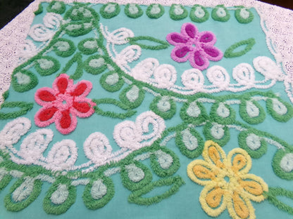 Vintage Green Chenille Fabric, Floral Swirl Design, 20x25" Piece