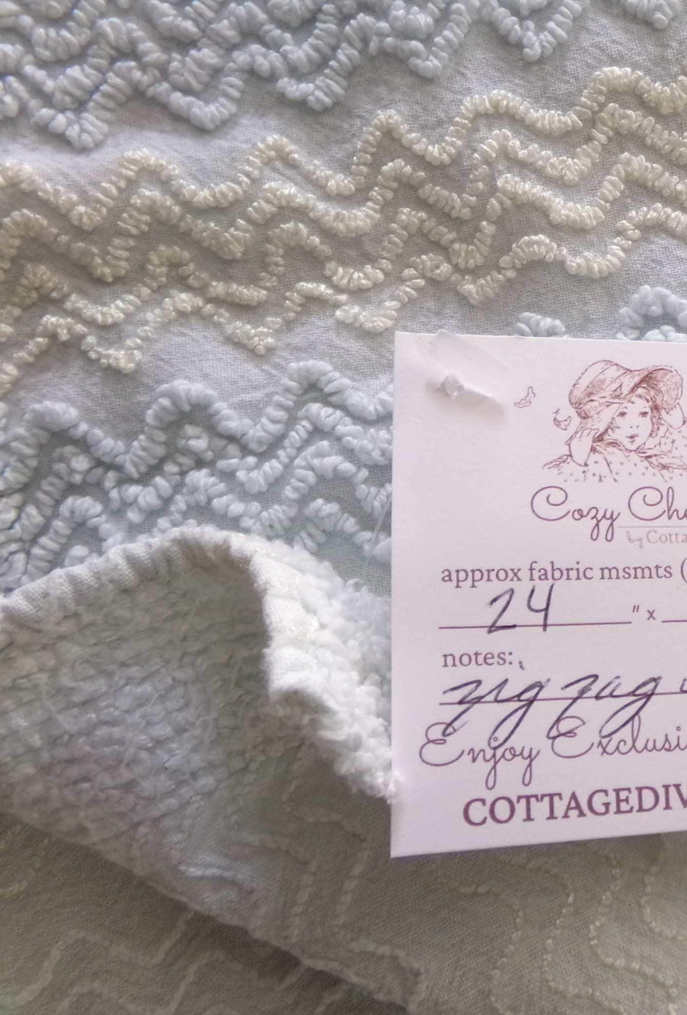 pastel blue & cream vintage chenille fabric, 24" x 18" inch cut piece, gentle zig zag texture, great quilt material for sewing
