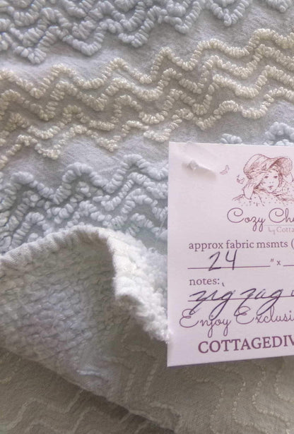pastel blue & cream vintage chenille fabric, 24" x 18" inch cut piece, gentle zig zag texture, great quilt material for sewing