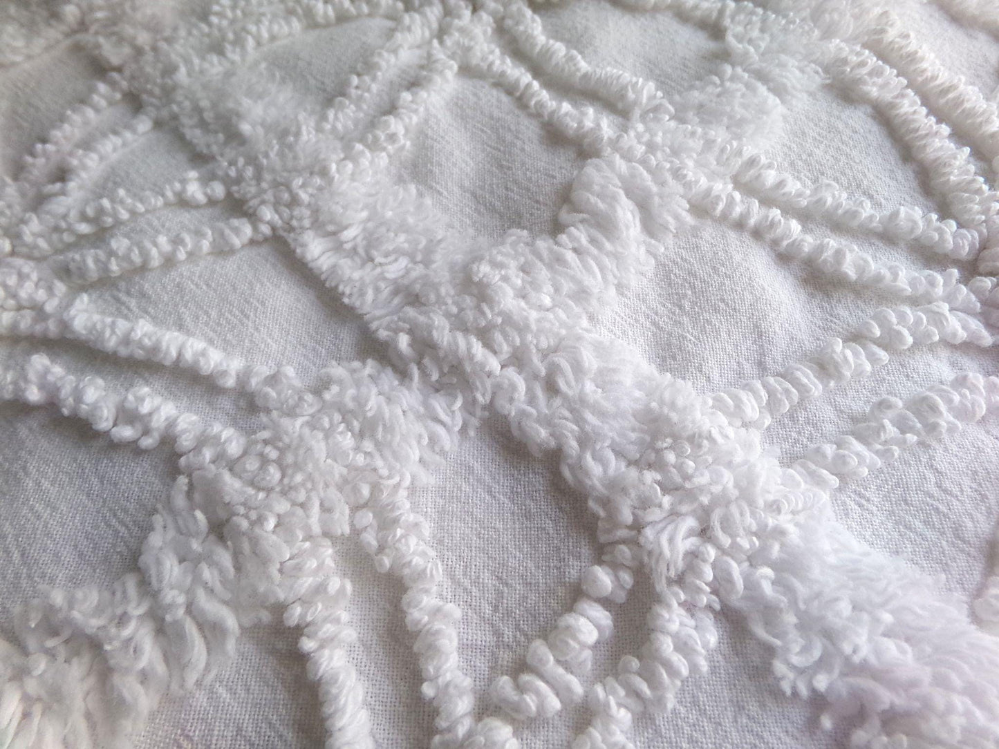 vintage white chenille fabric: webbed windowpane design, 20" x 25" cut piece