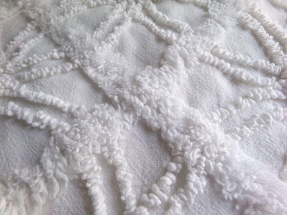 vintage white chenille fabric: webbed windowpane design, 20" x 25" cut piece