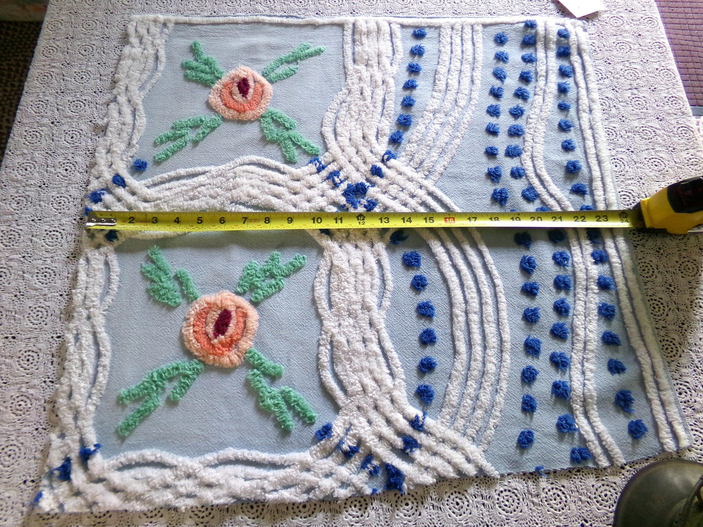 Coastal Cottage Vintage Chenille Fabric, Blue Rose Floral Sewing & Quilt Material 21" x 23"