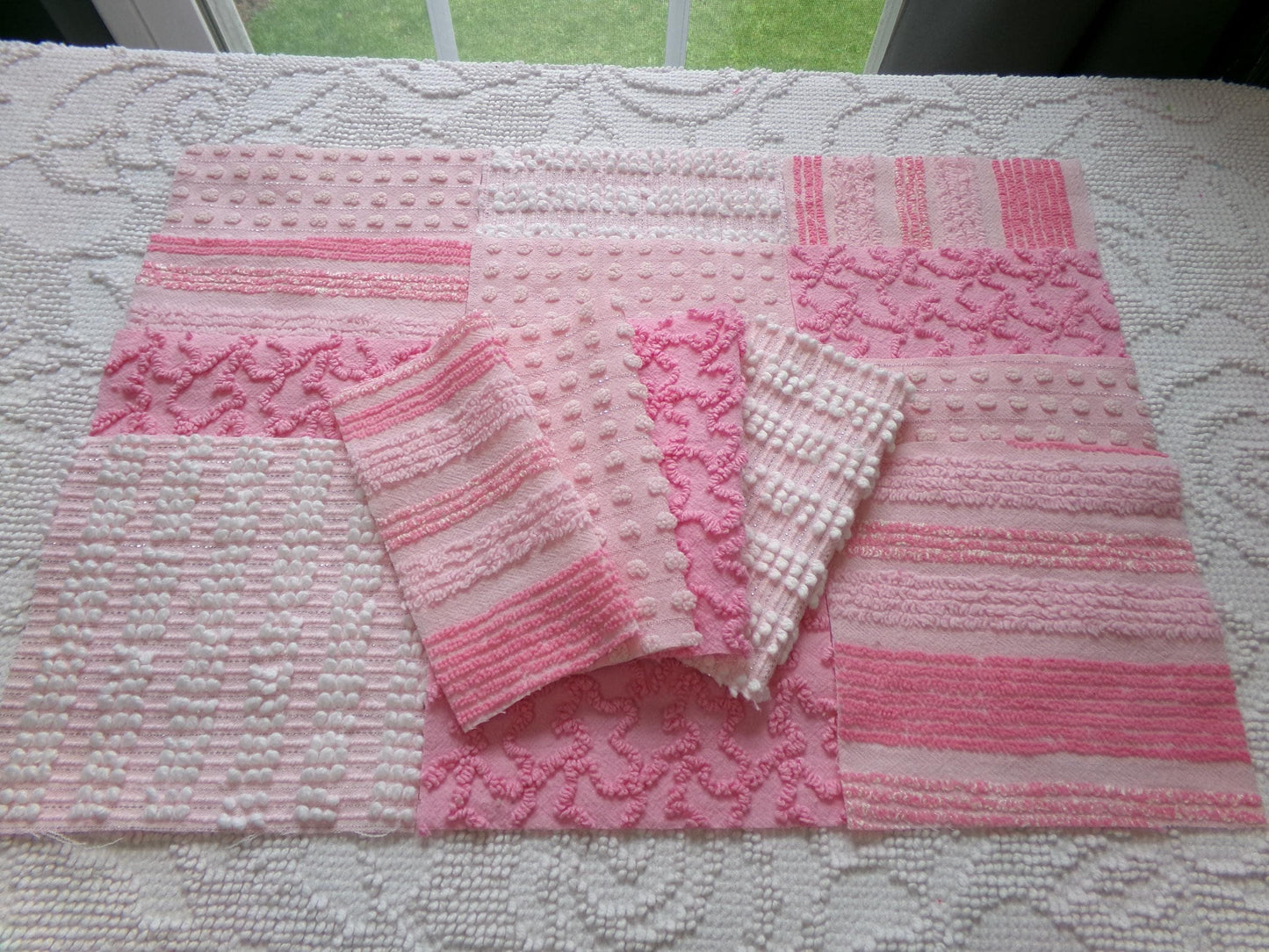 partytime pinks vintage chenille fabric squares, set of 16 fun 6" quilt blocks for quilting, sewing, crafts