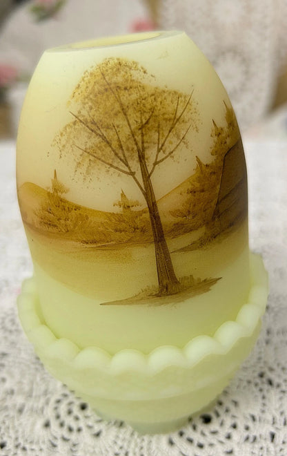Vintage Fenton Fairy Lamp Secluded Log Cabin Country Hand Painted Artist Signed