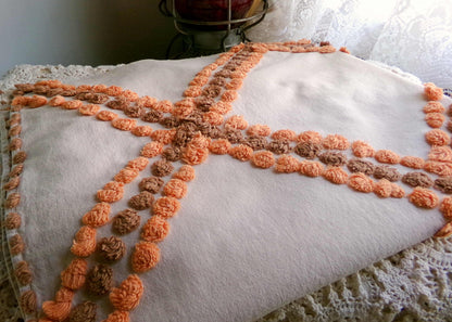 Vintage Boho Style Chenille Fabric, 27" x 24" Cut Piece of Cotton Sewing Material, Pumpkin Spice & Nutmeg Wideset Lattice Design