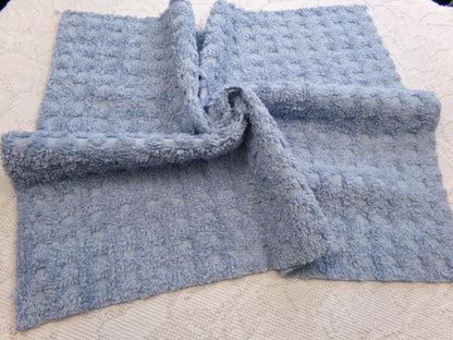 Blue Windowpane Vintage Chenille Fabric, tufted geometric square design, sewing craft quilt material, 18" x 25" piece