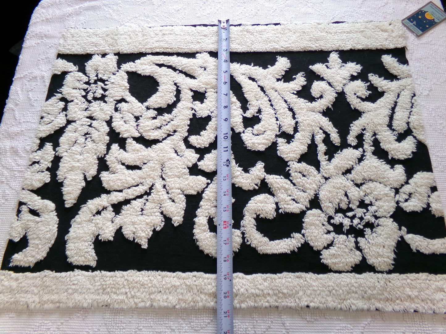 Gothic Black Cream Rose Vintage Chenille Fabric, 20" x 25" Inch Piece, Beautiful Material for Pillows