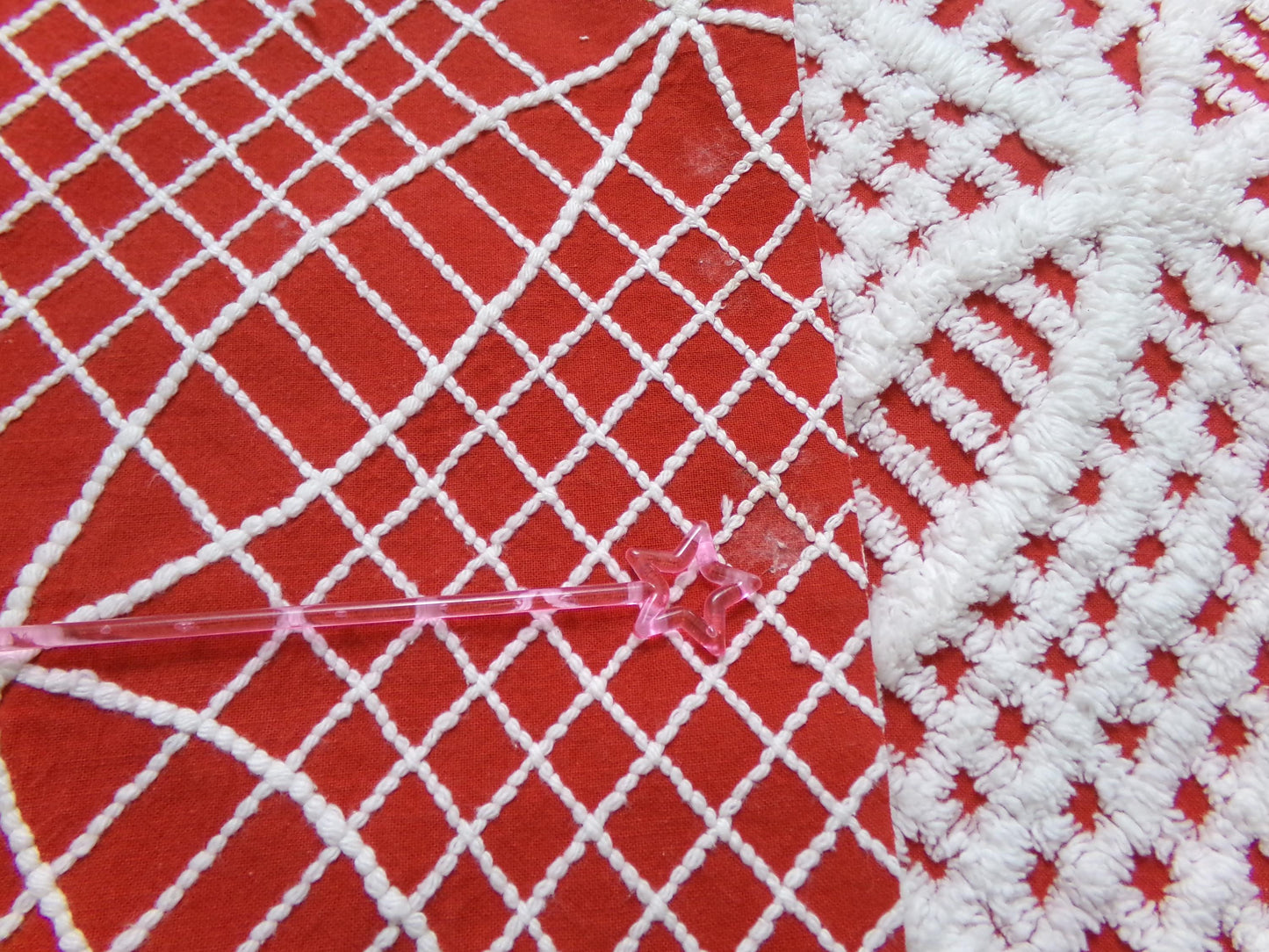red & white vintage chenille fabric, geometric design 20" x 24" piece quilt material