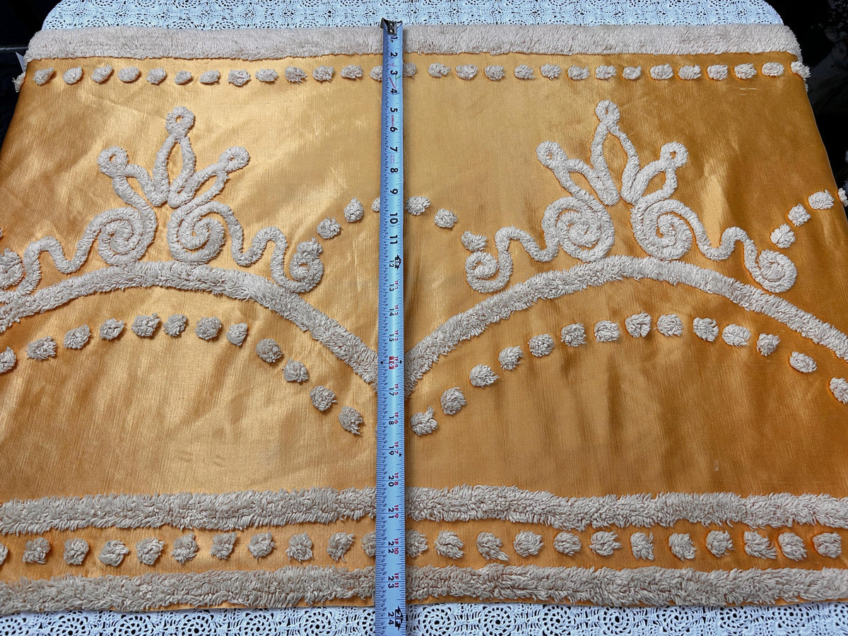 Vintage Gold Satin Fabric, Scroll Tufted Chenille Crowns 23x36" Piece