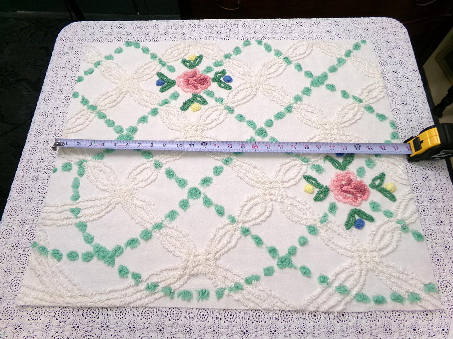 vintage chenille bedspread fabric cottage style pink rose jade green pops 26x22"