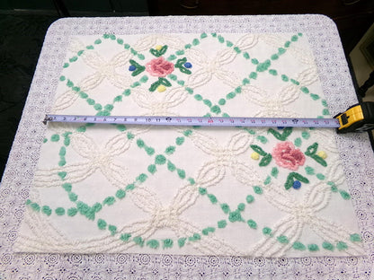 vintage chenille bedspread fabric cottage style pink rose jade green pops 26x22"