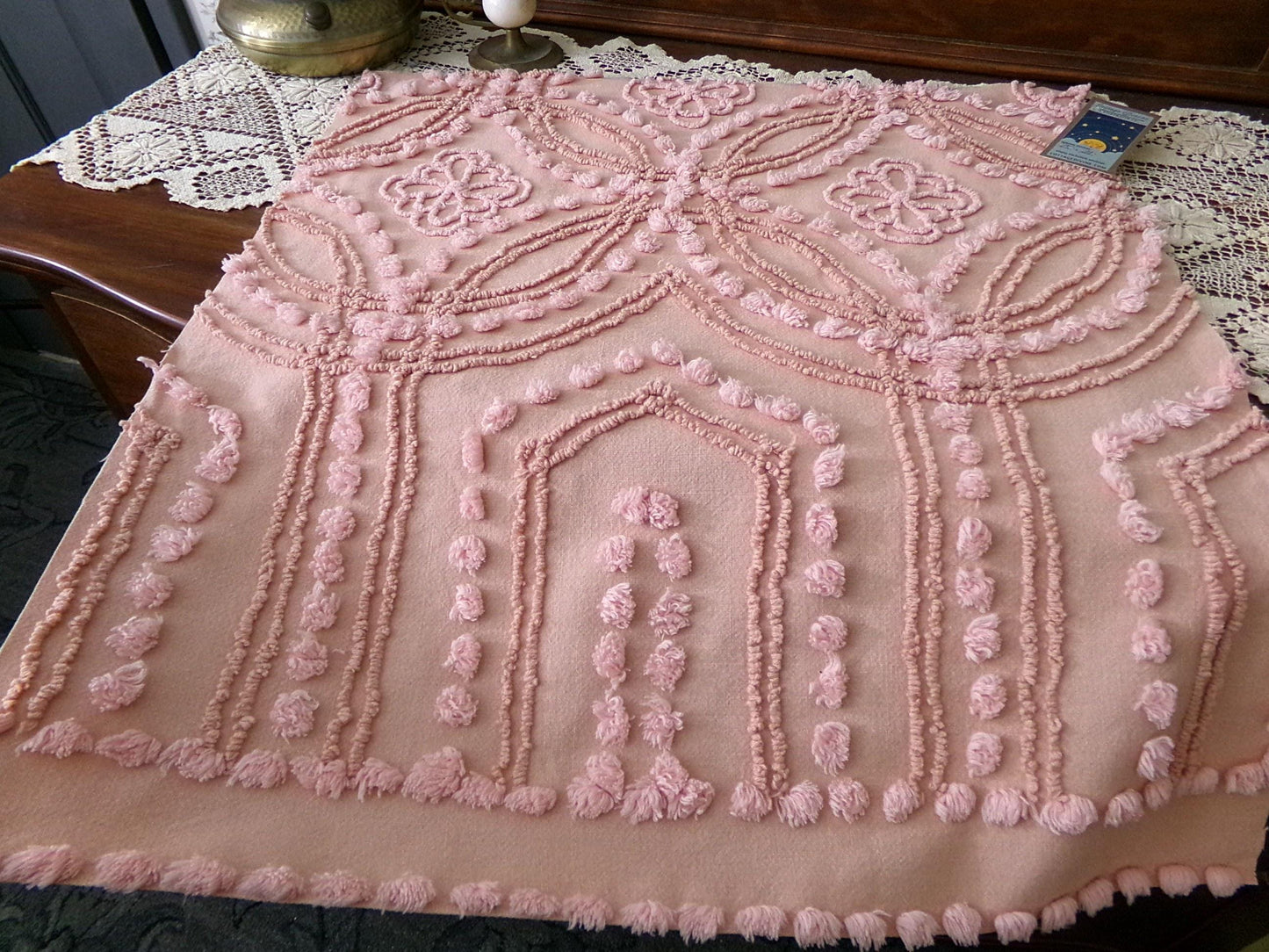 Shabby Cottage Style Vintage Chenille Fabric, geometric floral design, sewing craft quilt material 25" x 21" piece