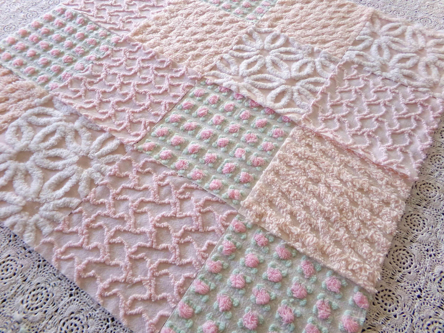 Nectar & Petal Vintage Chenille Quilt Squares Set of 16 Blocks, 6" inch ea in pretty daisies, pink rosebuds, peach lattice