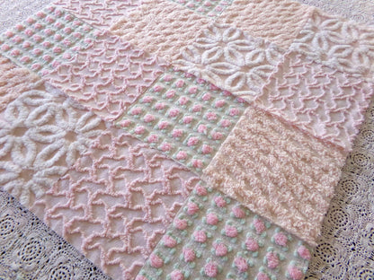 Nectar & Petal Vintage Chenille Quilt Squares Set of 16 Blocks, 6" inch ea in pretty daisies, pink rosebuds, peach lattice