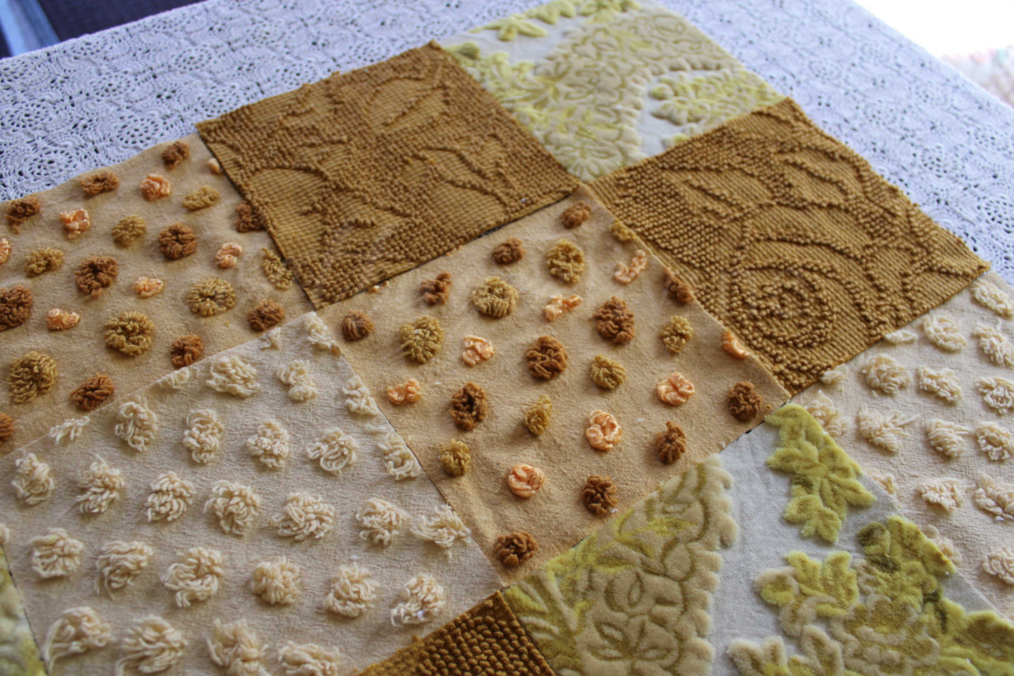 Chenille & Velvet Quilt Squares Set, "Hippie Mama", from Vintage Bedspread Fabric, 16 Blocks, 6" x 6" inches each, Earthtones